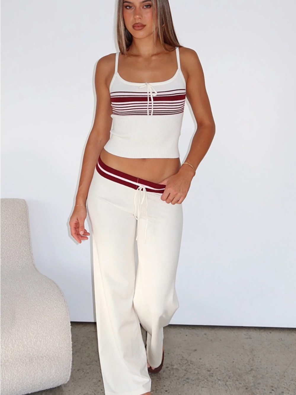 WHITEFOX “Keep Driving” Burgundy Knit Stripe Cream Tank and Pants Matching Set